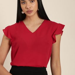 her by invictus Red V-Neck Top With Flutter Sleeves-image-56