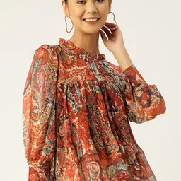 Antheaa Women Rust & Navy Blue Ethnic Motif Print Chiffon Cuffed Sleeves Top-4