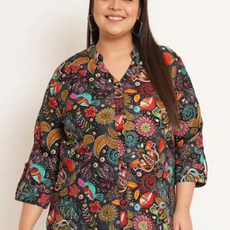 U&F Beyond Plus Size Ethnic Printed Mandarin Collar Shirt Style Top-54