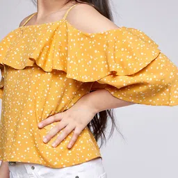 AND Girls Mustard Yellow & White Polka Dots Print Cold-Shoulder Sleeves Regular Crop Top image 3