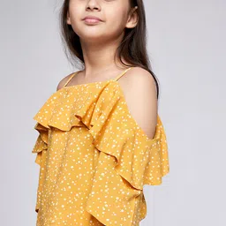 AND Girls Mustard Yellow & White Polka Dots Print Cold-Shoulder Sleeves Regular Crop Top image 4