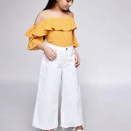 AND Girls Mustard Yellow & White Polka Dots Print Cold-Shoulder Sleeves Regular Crop Top image 2