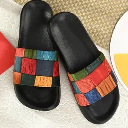 EXTRIMOS Men Black & Orange Printed Sliders-image-22