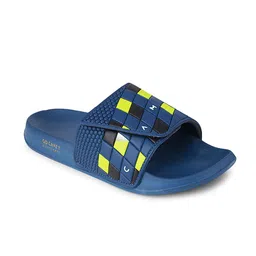 Campus Men Navy Blue & Fluorescent Green Colourblocked Rubber Sliders-picture-52