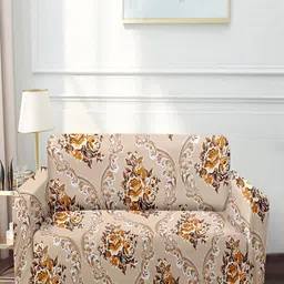 Cortina Brown & Beige Printed 3-Seater Super-Stretchable Non-Slip Sofa Slipcover-image-3