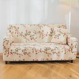 HOUSE OF QUIRK Beige Floral Printed 3-Seater Stretchable Non-Slip Sofa Slipcover-image-54