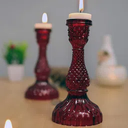 Homesake Set Of 2 Red Solid Glass Candle Holders-30