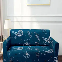 Cortina Teal Blue & White Printed 3 Seater Stretchable Non-Slip Sofa Cover-image-41