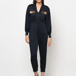 iki chic Navy Blue & Beige Front Zipper Jogger Fit Jumpsuit-image-15