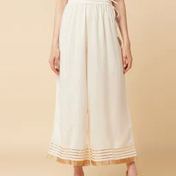 Varanga Women Off-White & Gold-Toned Hem Design Wide Leg Palazzos-picture-10