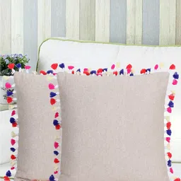 Mezposh Cream-Coloured & Blue Set of 2 Tasselled Square Cushion Covers-16