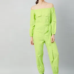 Athena Women Lime Green Solid Cotton Jumpsuit-image-10