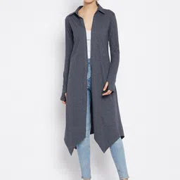Hypernation Women Blue Solid Open Front Longline Shrug-5