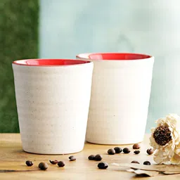 MIAH Decor Cream-Coloured & Red 4 Pieces Handcrafted & Hand Painted Stoneware Matte Mugs-0