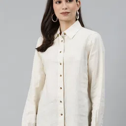 Marks & Spencer Women Off-Beige Solid Linen Regular Fit Shirt-image-25