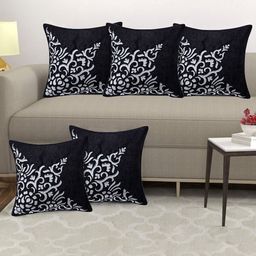 Creeva Black & White 5 Pieces Ethnic Motifs Printed Velvet Square Cushion Covers-image-27