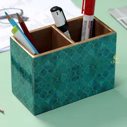 DULI Teal-Green & Gold-Toned Printed MDF Wooden Multiutility Holder With 2 Sections-58