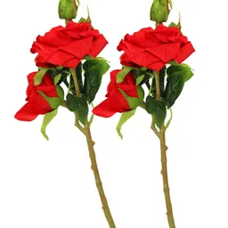TIED RIBBONS Red & Green Set Of 2 Artificial Rose Flower Stick Without Vase image 3