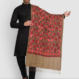 Zamour Men Brown & Peach-Coloured Embroidered Kashmiri Stole-0
