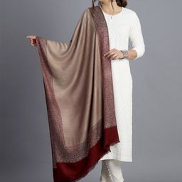 HANDICRAFT PALACE Women Beige & Maroon Woven Design Wool Stole-image-26