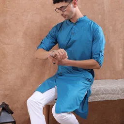 Freehand by The Indian Garage Co Men Teal Blue Solid Asymmetric Straight Kurta-39