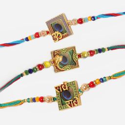 ZENEME Set Of 3 Mor Pankh Ganeshji with Beads Stringed Rakhi Gift Set-image-64