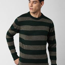 Peter England Casuals Men Green & Beige Striped Pure Acrylic Pullover Sweater-picture-21