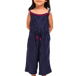 A Little Fable Girls Blue & Silver Striped Basic Jumpsuit-image-47