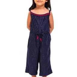 A Little Fable Girls Blue & Silver Striped Basic Jumpsuit-image-50