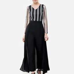 V&M Women Black & White Striped Lace Layered Jumpsuit Basic Jumpsuit-picture-21