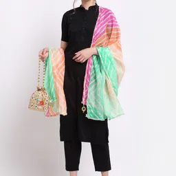 SOUNDARYA Green & Pink Striped Pure Cotton Leheriya Dupatta-picture-44