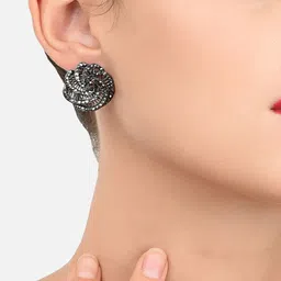 Zaveri Pearls Oxidised Silver-Plated Stone-Studded Floral Studs-35
