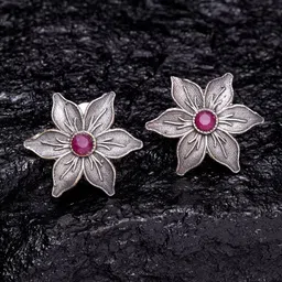 PANASH Silver-Toned & Pink Floral Studs-9
