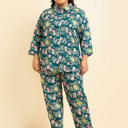 Sweet Dreams Green & Pink Floral Printed Pure Cotton Night Suit-image-91