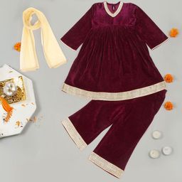 LITTLE GINNIE Girls Gotta Patti Pleated Velvet Anarkali Kurta with Palazzo & Dupatta-picture-44