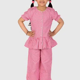 White Dahlia Kids Pink & White Checked Cotton Nightsuit-image-26