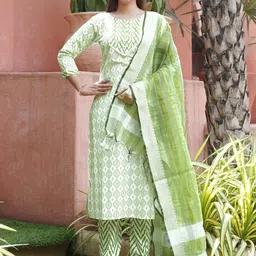 Peachmode Geometric Printed Regular Pure Cotton Kurta with Trousers & Dupatta-15
