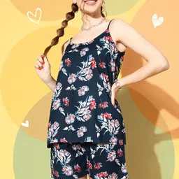 MBeautiful Women Navy Blue Floral Sleep Staple Night Suit-picture-48