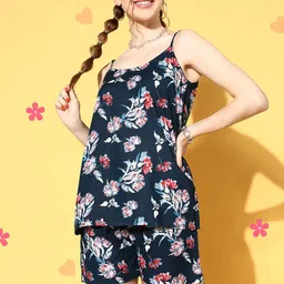 MBeautiful Women Navy Blue Floral Sleep Staple Night Suit-50