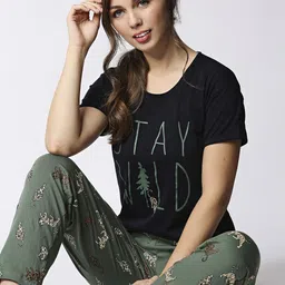 I like me Women Black & Olive Pure Cotton Printed Night Suit-image-33