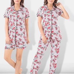 Be You Women White & Pink Printed Pajama & Shorts with Shirt Night Suits-image-19