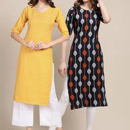 KALINI Women Pack Of 2 Yellow & Black Ethnic Motifs Printed Summer Sheers Crepe Kurtas-image-53