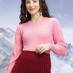 Tokyo Talkies Pink Ribbed Acrylic Pullover Sweater-picture-41