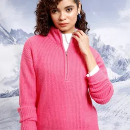 Tokyo Talkies Pink Cable Knit Self Design Turtle Neck Pullover Sweater-picture-16