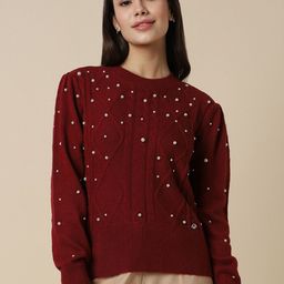 Allen Solly Woman Open Knit Round Neck Long Sleeves Embellished Acrylic Pullover Sweater-image-57
