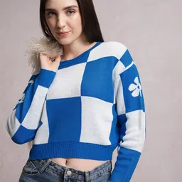 Tokyo Talkies Checked Jacquard Knitted Crop Acrylic Pullover-picture-30