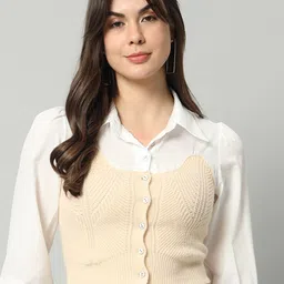 BROOWL Self Designed Woollen Cropped Shirt With Attached Sweater-image-94