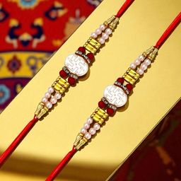 ADIVA Cubic Zirconia Studded & Beaded Rakhi With Bag & Pooja Thali Roli Chawal Gift Set-image-14