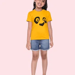 BRATMA Kids Mustard Yellow & Black Panda Eye Printed Cotton T-shirt-image-30