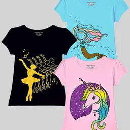 KUCHIPOO Girls Pack Of 3 Graphic Printed Round Neck Cotton T-shirts-image-50